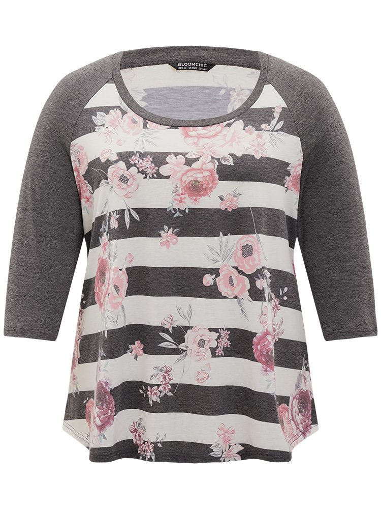 Plus Size Striped Floral Patchwork Round Neck Raglan Sleeve T-shirt Gray Women Casual Printed Striped Round Neck Dailywear T-shirts BloomChic 22-24/3X 