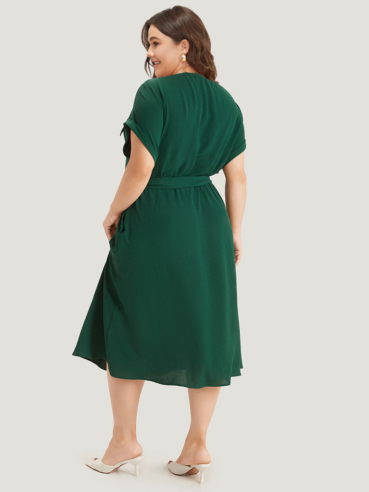 

Plus Size Plain Zipper Pocket Button Detail Belted Roll Dress DarkGreen Women Office Plain Round Neck Short sleeve Curvy Midi Dress BloomChic