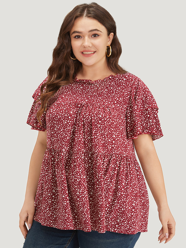 

Plus Size Burgundy Leopard Print Frill Trim Ruffle Layered Sleeve Blouse Women Elegant Short sleeve Stand-up collar Dailywear Blouses BloomChic