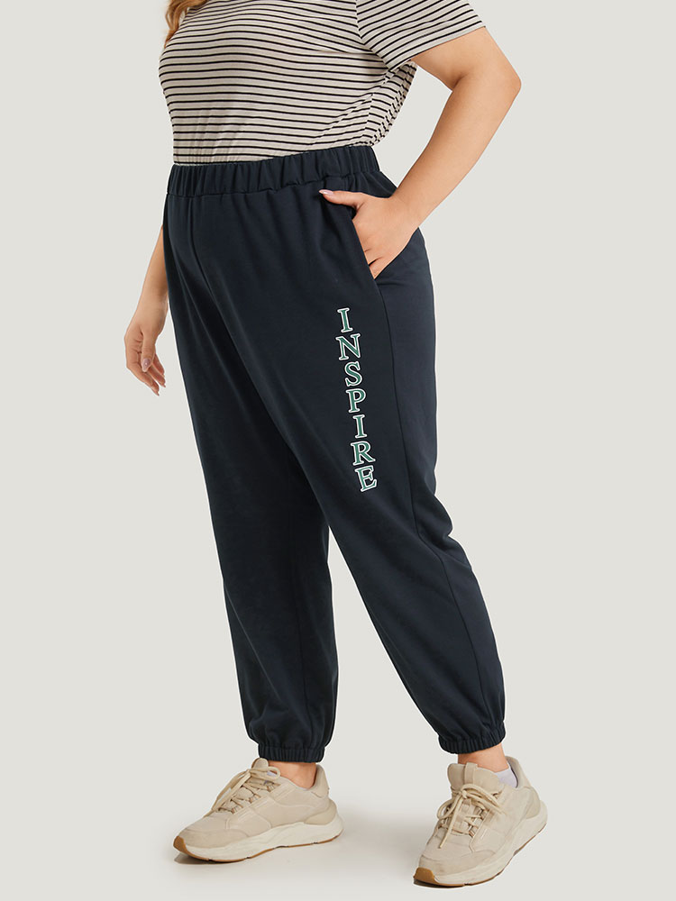 

Letter Print Contrast Pocket Elastic Waist Sweatpants Midnight Plus Size Women Casual Dailywear Plain  Bloomchic
