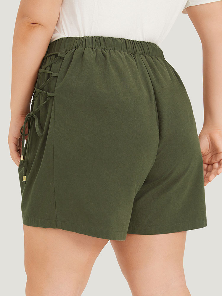 

Plus Size Solid Pocket Lace Up Side Elastic Waist Shorts Women ArmyGreen Elegant Plain Dailywear Shorts BloomChic