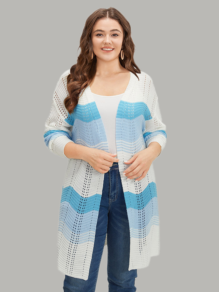 

Plus Size Ombre Geo Eyelet Tunic Open Front Elastic Cuffs Cardigan Blue Women Casual Loose Long Sleeve Dailywear Cardigans BloomChic