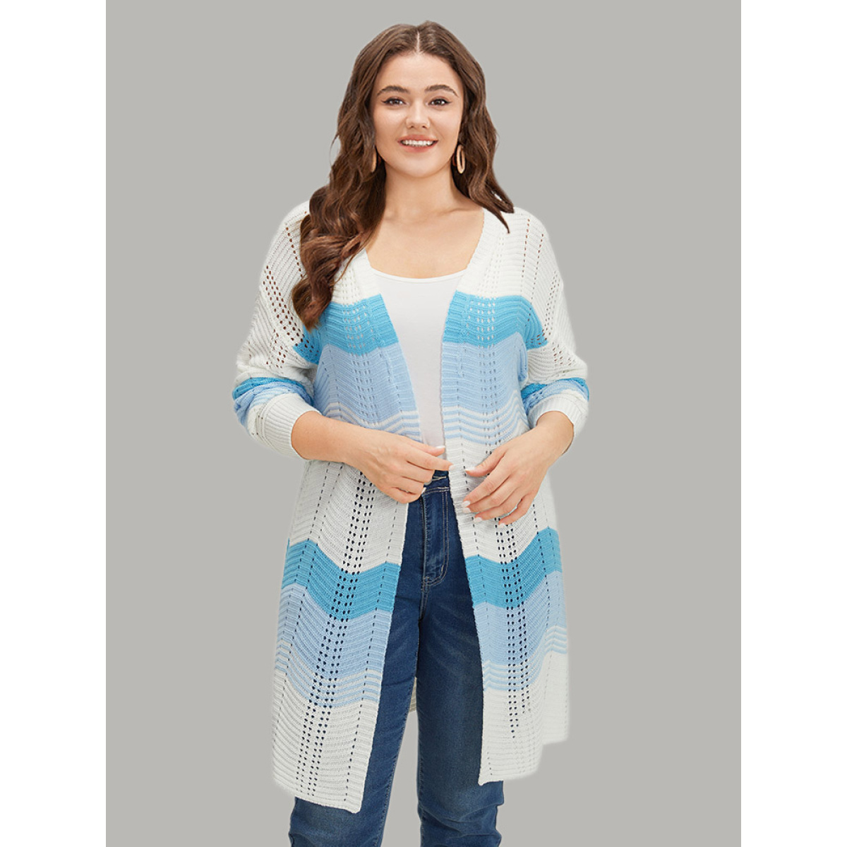 

Plus Size Ombre Geo Eyelet Tunic Open Front Elastic Cuffs Cardigan Blue Women Casual Loose Long Sleeve Dailywear Cardigans BloomChic