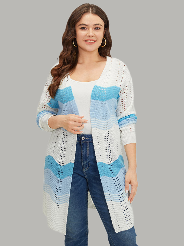 

Plus Size Ombre Geo Eyelet Tunic Open Front Elastic Cuffs Cardigan Blue Women Casual Loose Long Sleeve Dailywear Cardigans BloomChic