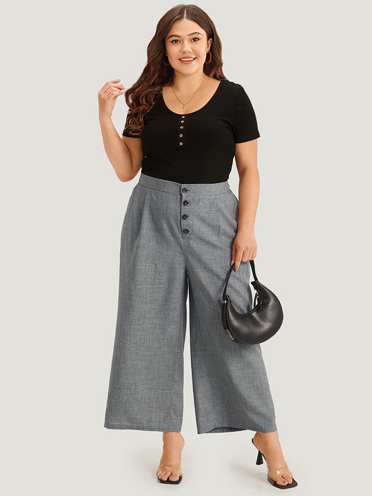 

Plus Size Plain Pocket Button Detail Pleated Pants Women DarkGray Office Straight Leg High Rise Work Pants BloomChic