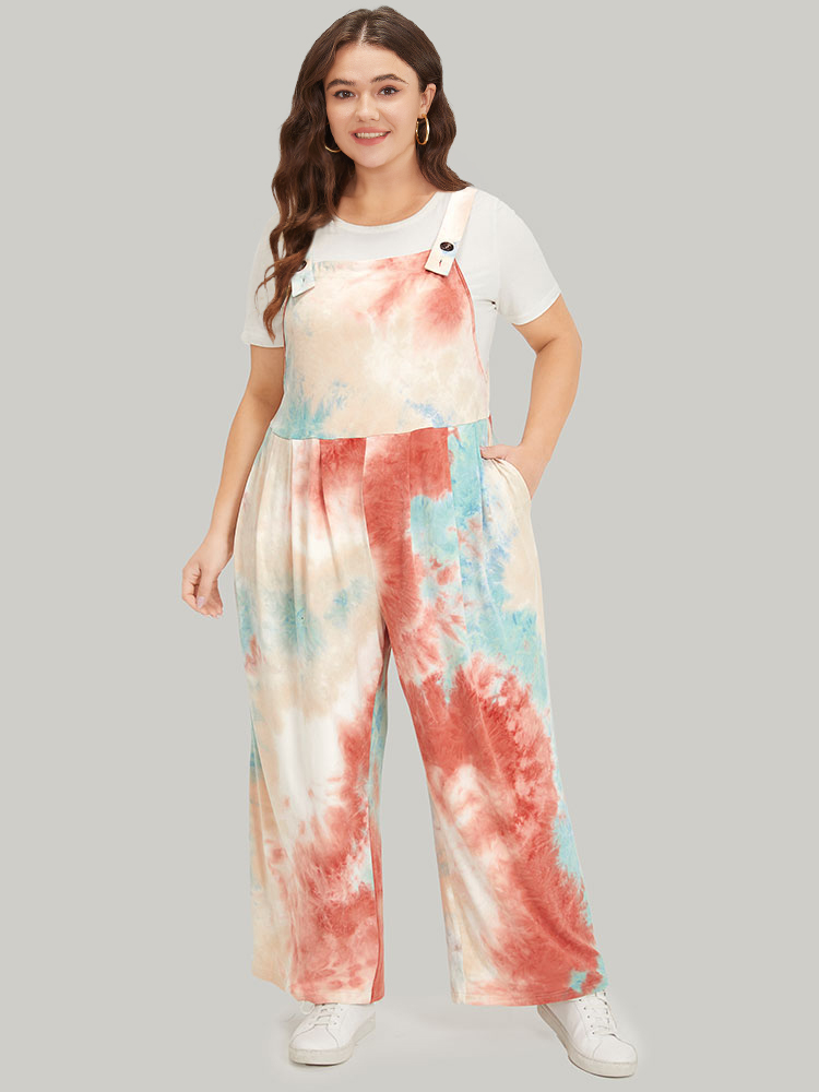Plus Size Women Dailywear Tie Dye Adjustable Straps Regular Pocket Casual Jumpsuits BloomChic 
