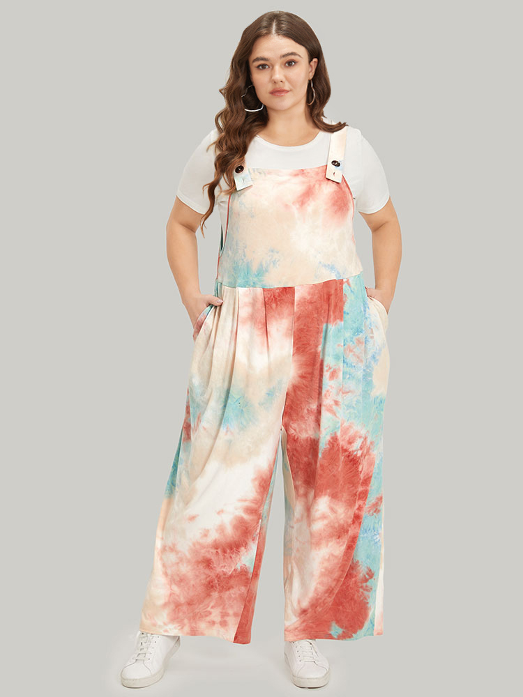 Plus Size Women Dailywear Tie Dye Adjustable Straps Regular Pocket Casual Jumpsuits BloomChic 