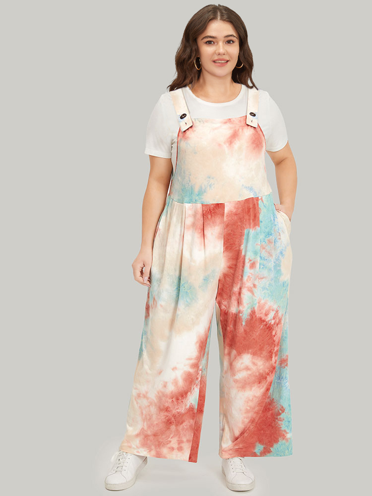 Plus Size Women Dailywear Tie Dye Adjustable Straps Regular Pocket Casual Jumpsuits BloomChic 