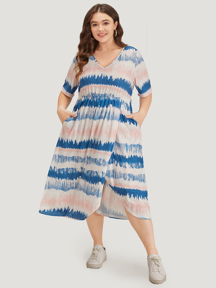 

Plus Size Ombre Tie Dye Pocket Split Side Elastic Waist Dress Multicolor Women Casual Tie Dye V-neck Short sleeve Curvy Midi Dress BloomChic