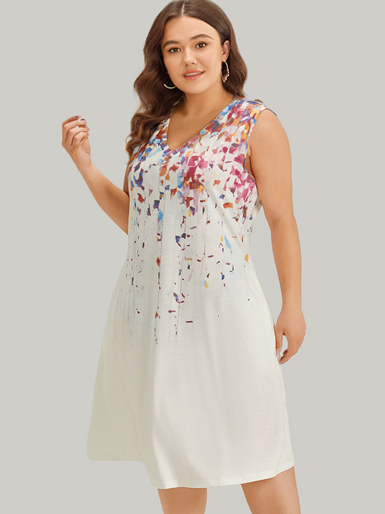 Plus Size Graphic Print Contrast Pocket V Neck Tank Dress White Women Casual Printed V-neck Sleeveless Curvy Knee Dress BloomChic 30/6X 