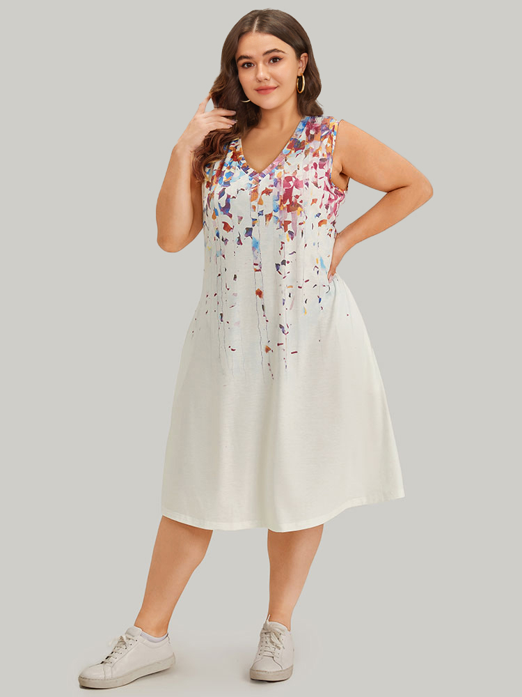 Plus Size Graphic Print Contrast Pocket V Neck Tank Dress White Women Casual Printed V-neck Sleeveless Curvy Knee Dress BloomChic 30/6X 