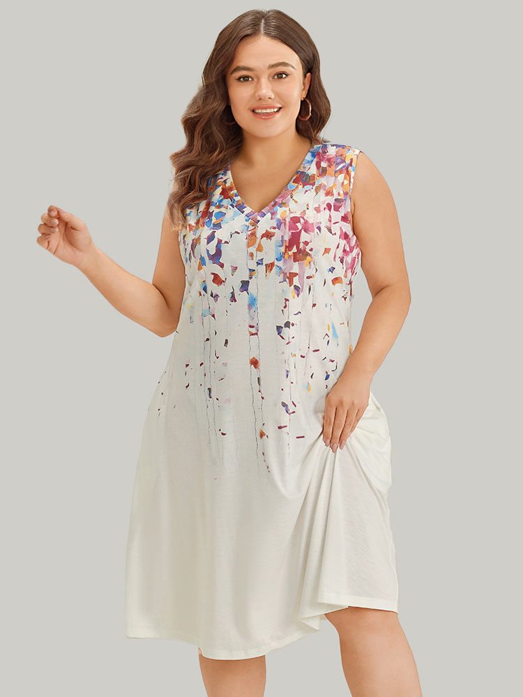Plus Size Graphic Print Contrast Pocket V Neck Tank Dress White Women Casual Printed V-neck Sleeveless Curvy Knee Dress BloomChic 30/6X 