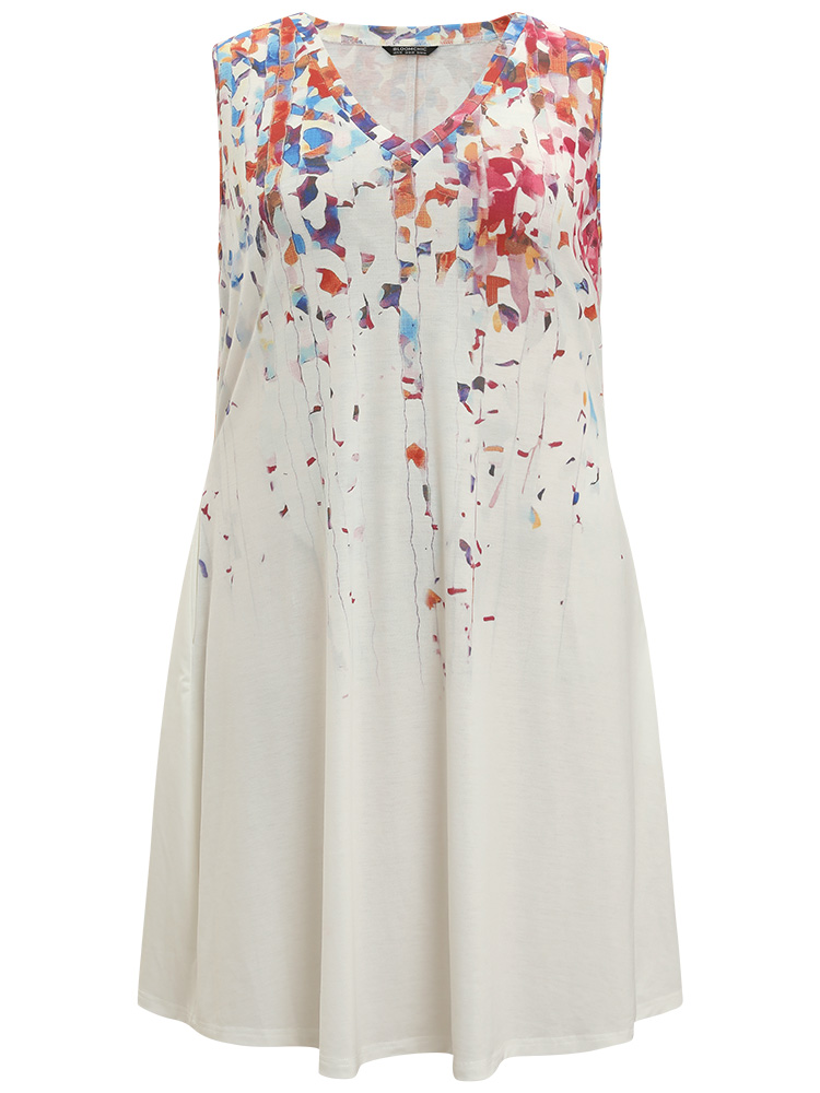 Plus Size Graphic Print Contrast Pocket V Neck Tank Dress White Women Casual Printed V-neck Sleeveless Curvy Knee Dress BloomChic 30/6X 