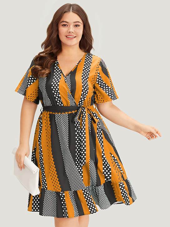 

Plus Size Striped & Polka Dot Graphic Pocket Ruffle Wrap Dress Orange Women Office Wrap V-neck Short sleeve Curvy Knee Dress BloomChic