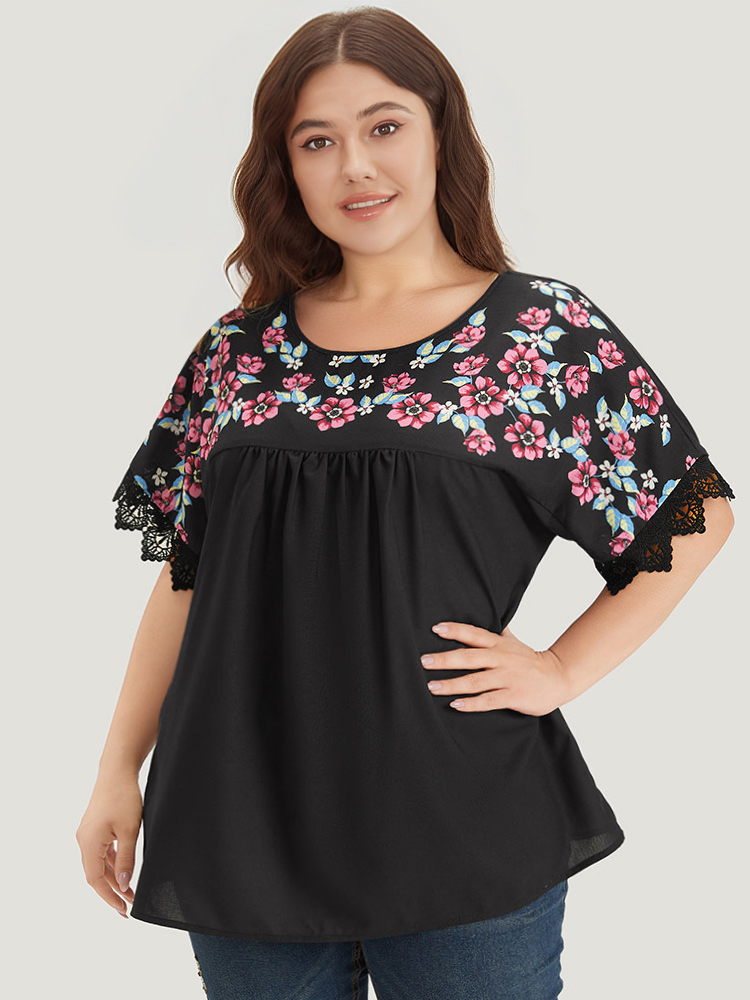 Plus Size Women Dailywear Floral Gathered Dolman Sleeve Short sleeve Round Neck Elegant Blouses BloomChic 