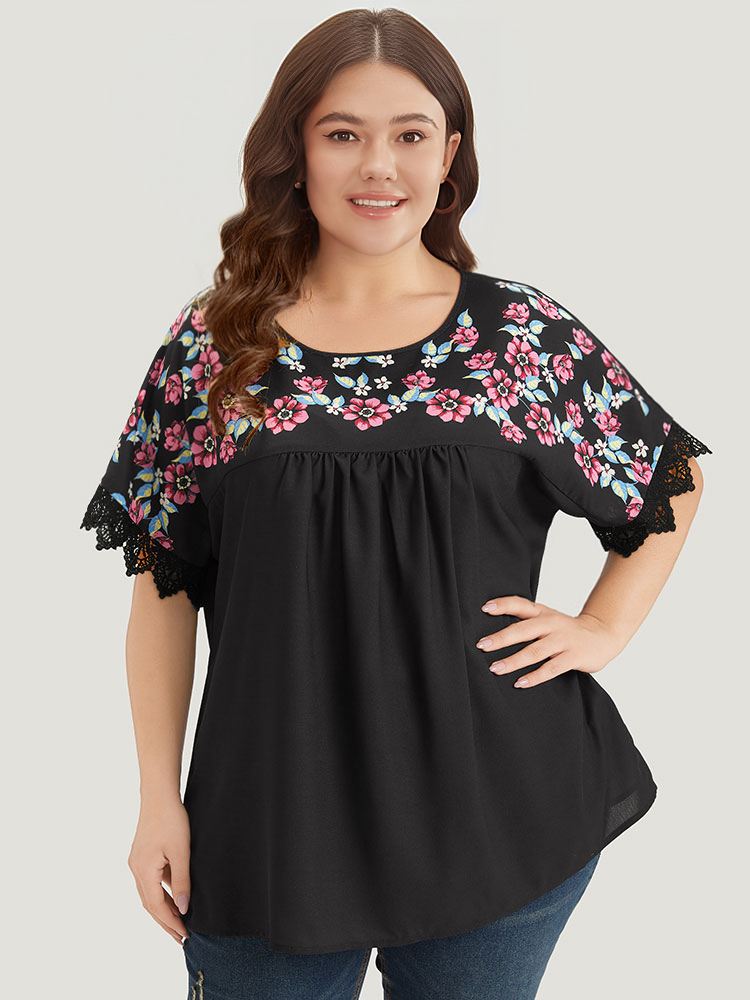 Plus Size Women Dailywear Floral Gathered Dolman Sleeve Short sleeve Round Neck Elegant Blouses BloomChic 
