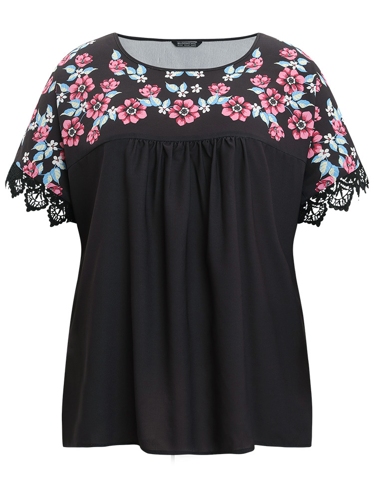 Plus Size Women Dailywear Floral Gathered Dolman Sleeve Short sleeve Round Neck Elegant Blouses BloomChic 