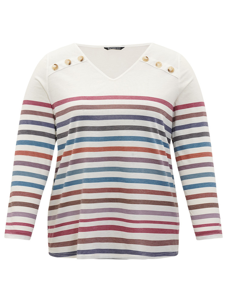 

Plus Size Striped V Neck Button Detail Raglan Sleeve T-shirt Multicolor Women Casual Button Striped V-neck Dailywear T-shirts BloomChic