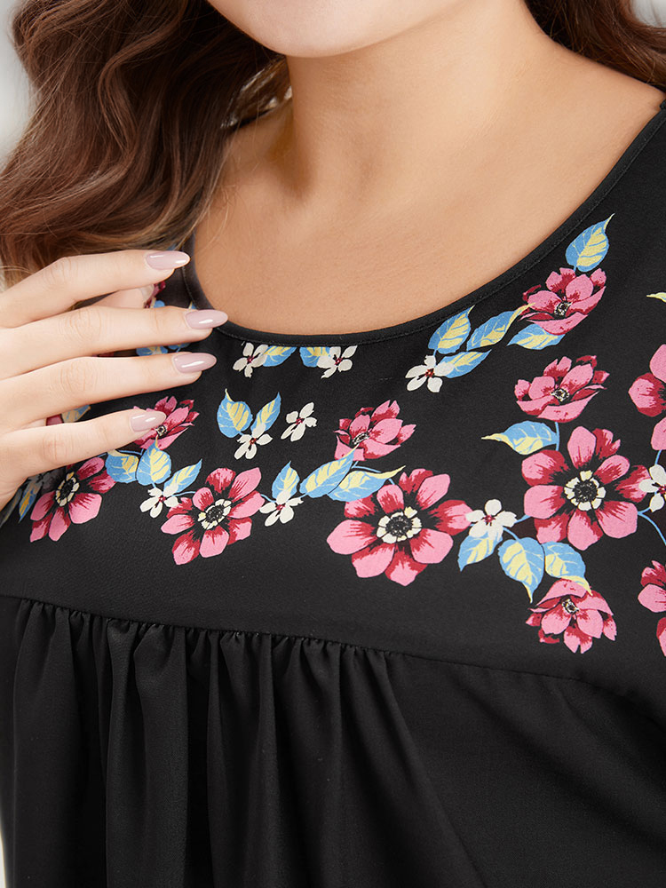 Plus Size Women Dailywear Floral Gathered Dolman Sleeve Short sleeve Round Neck Elegant Blouses BloomChic 