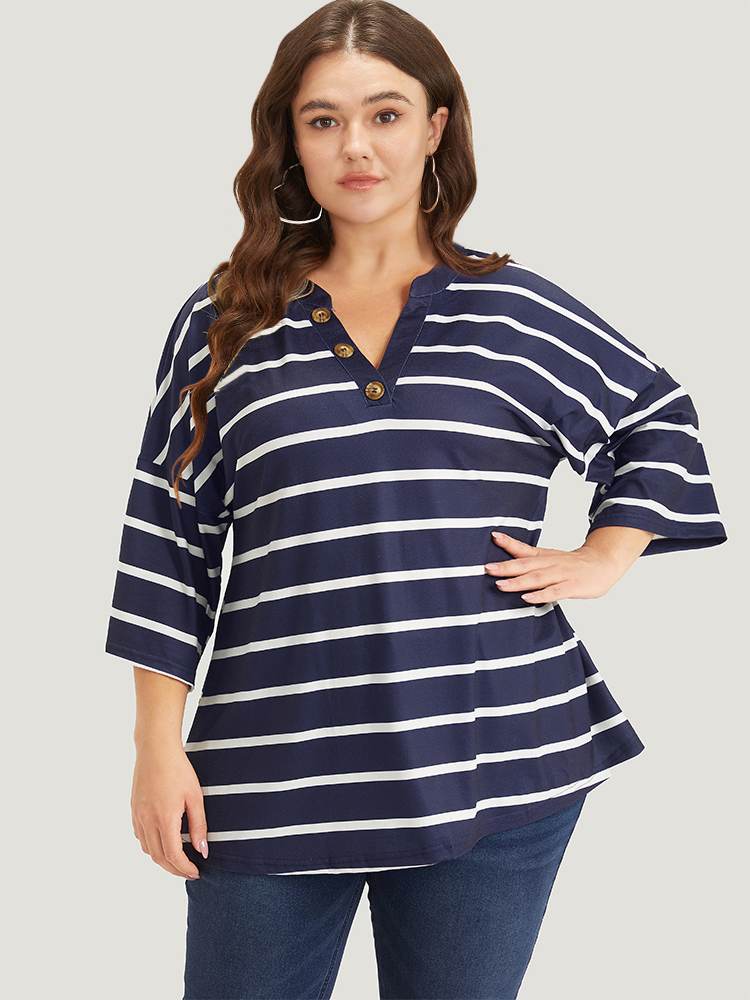 

Plus Size Striped Print Button Detail Notched T-shirt Blue Women Casual Button Striped Notched collar Dailywear T-shirts BloomChic