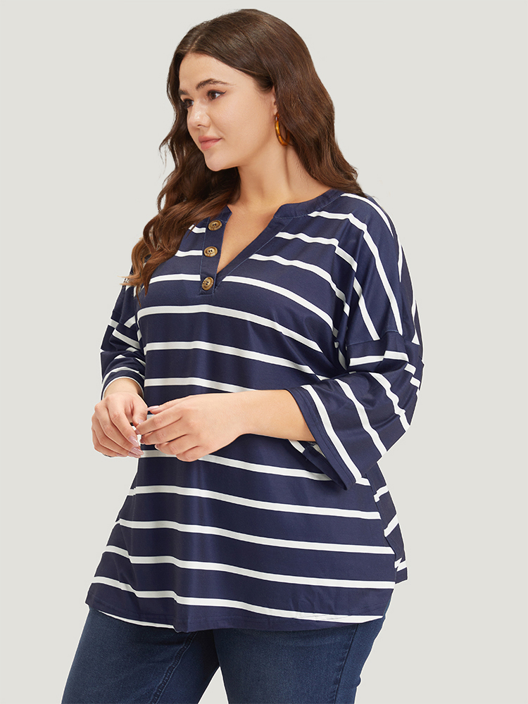 

Plus Size Striped Print Button Detail Notched T-shirt Blue Women Casual Button Striped Notched collar Dailywear T-shirts BloomChic