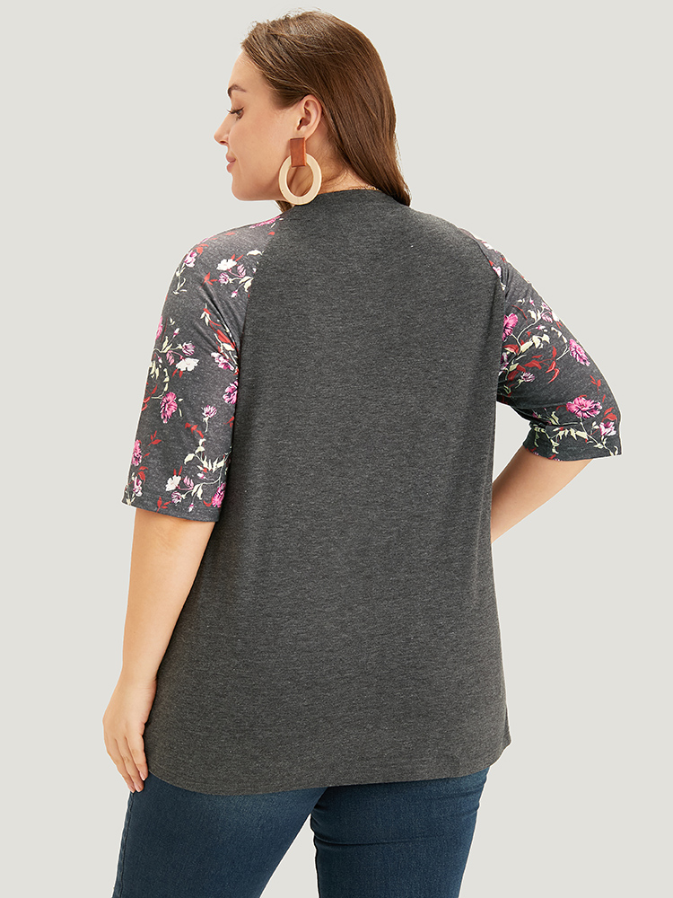 Plus Size Floral Patchwork Raglan Sleeve T-shirt Gray Women Elegant Patchwork Floral V-neck Work T-shirts BloomChic 22-24/3X 