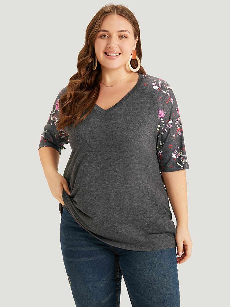 Plus Size Floral Patchwork Raglan Sleeve T-shirt Gray Women Elegant Patchwork Floral V-neck Work T-shirts BloomChic 22-24/3X 