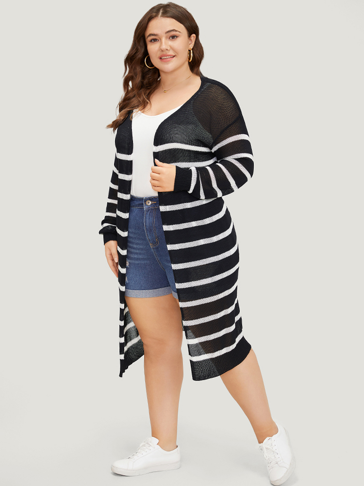 Striped Open Front Elastic Cuffs Drop Shoulder Cardigan BloomChic 