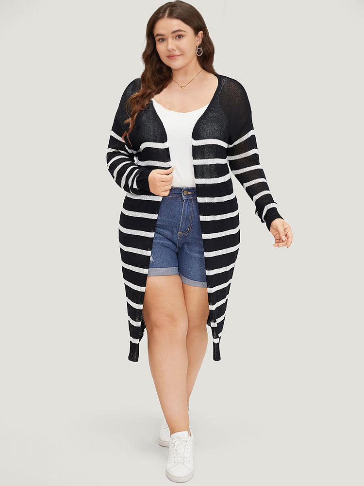 Striped Open Front Elastic Cuffs Drop Shoulder Cardigan BloomChic 