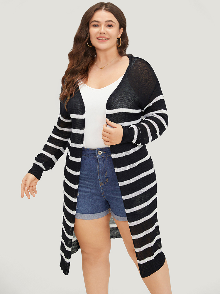 

Plus Size Striped Open Front Elastic Cuffs Drop Shoulder Cardigan Black Women Casual Loose Long Sleeve Everyday Cardigans BloomChic