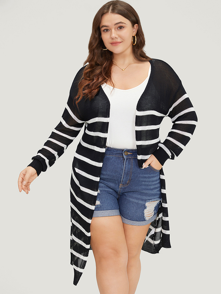 Striped Open Front Elastic Cuffs Drop Shoulder Cardigan BloomChic 