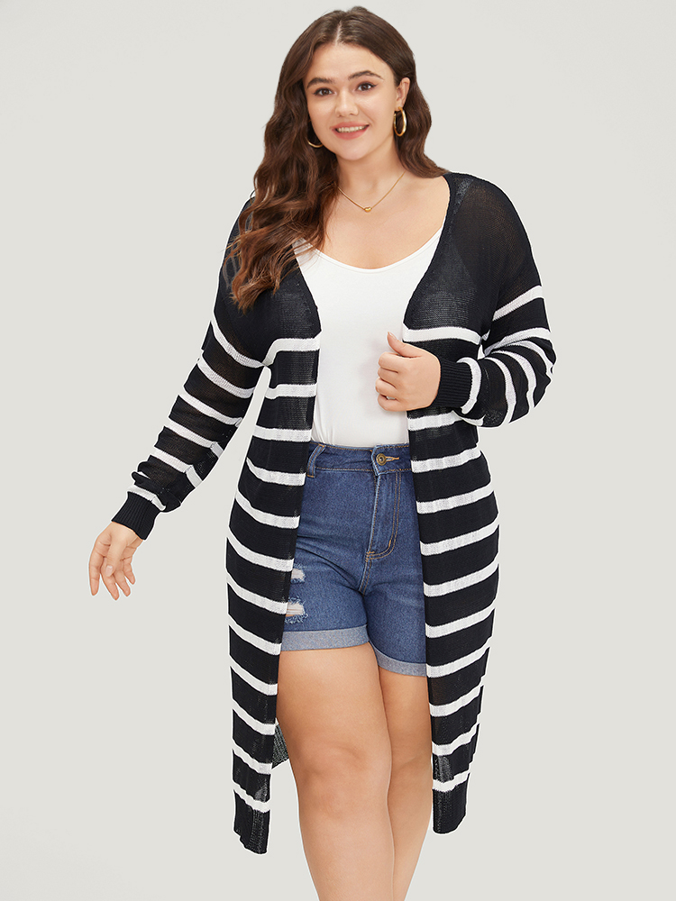Striped Open Front Elastic Cuffs Drop Shoulder Cardigan BloomChic 
