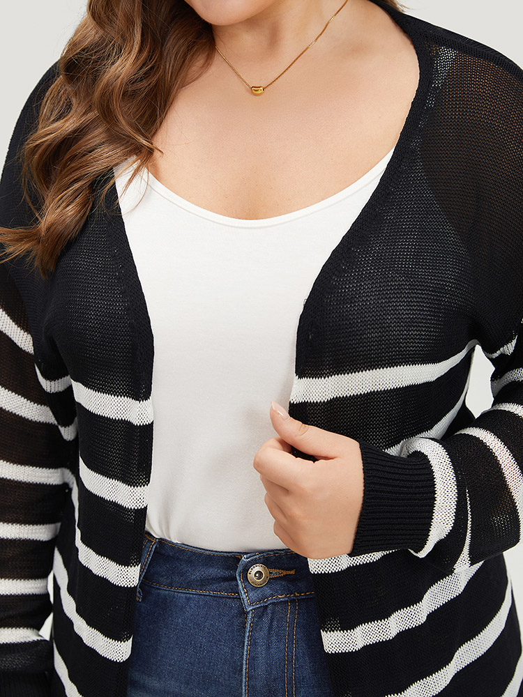 Striped Open Front Elastic Cuffs Drop Shoulder Cardigan BloomChic 