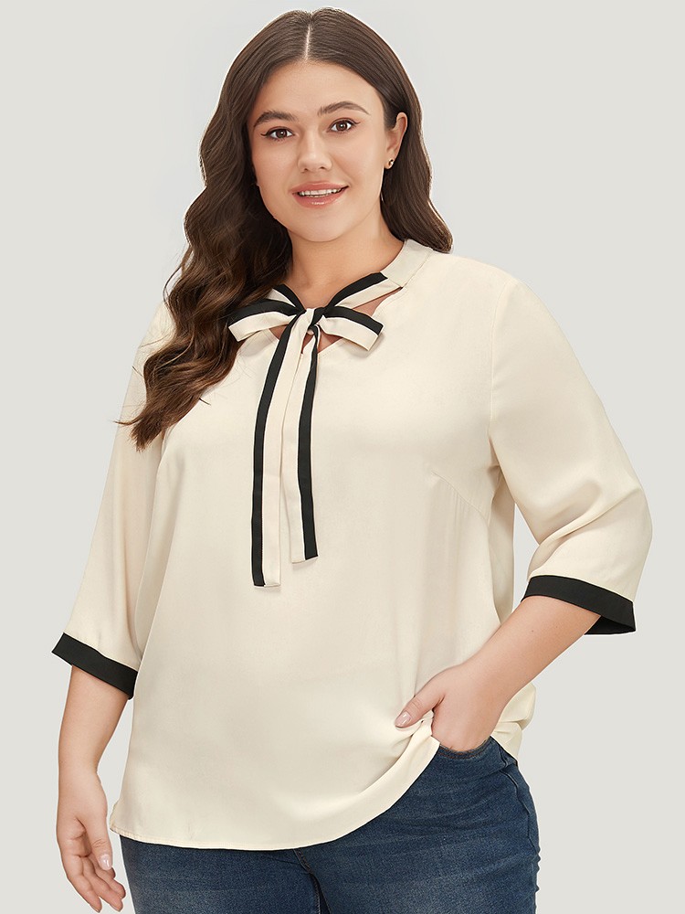 

Plus Size Ivory Contrast Trim Knot Neck Blouse Women Office Elbow-length sleeve Tie Neck Work Blouses BloomChic