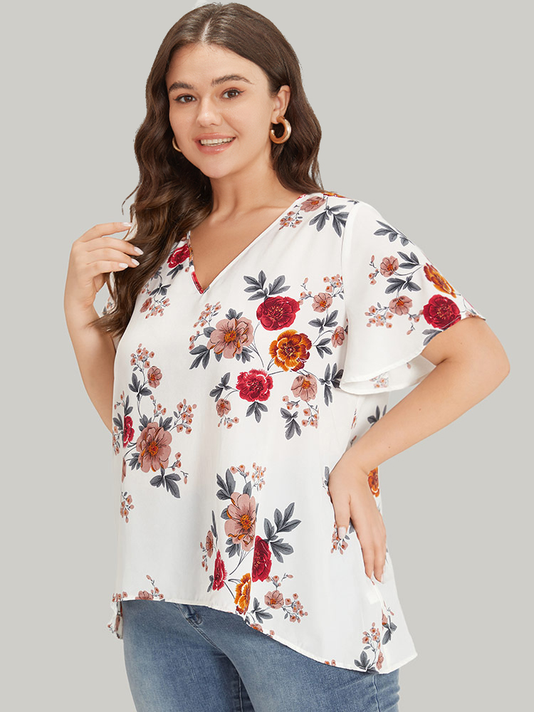 

Plus Size White Floral Print High Low Hem Flutter Blouse Women Elegant Short sleeve V-neck Dailywear Blouses BloomChic