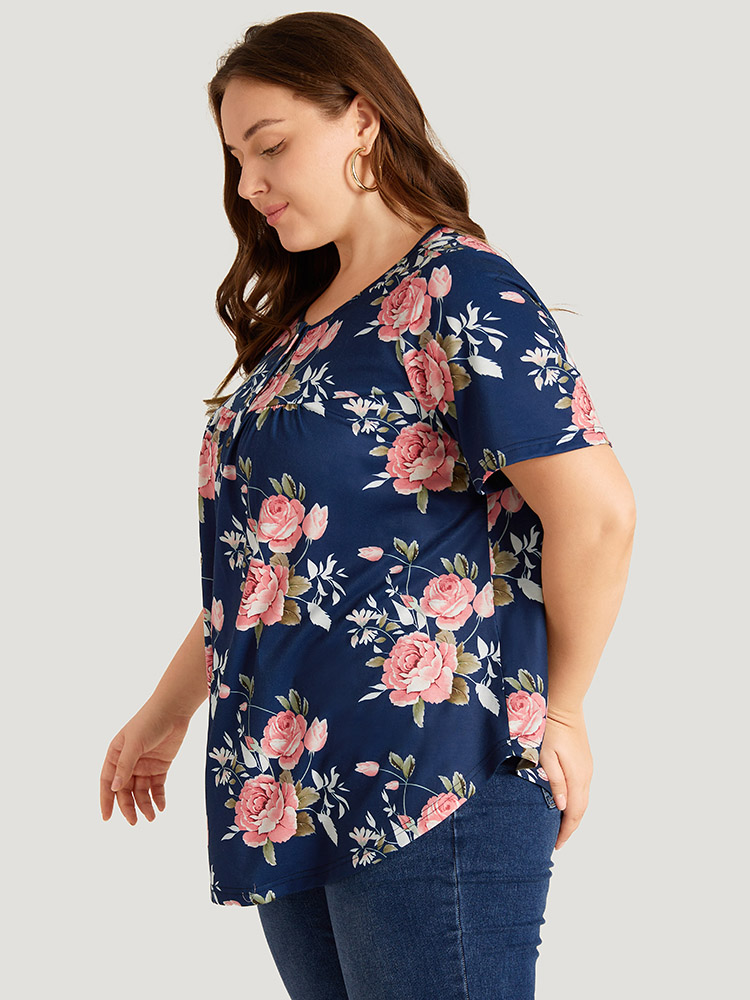 

Plus Size Floral Print Button Up Flutter Gathered T-shirt Blue Women Elegant Printed Floral Open Front Dailywear T-shirts BloomChic