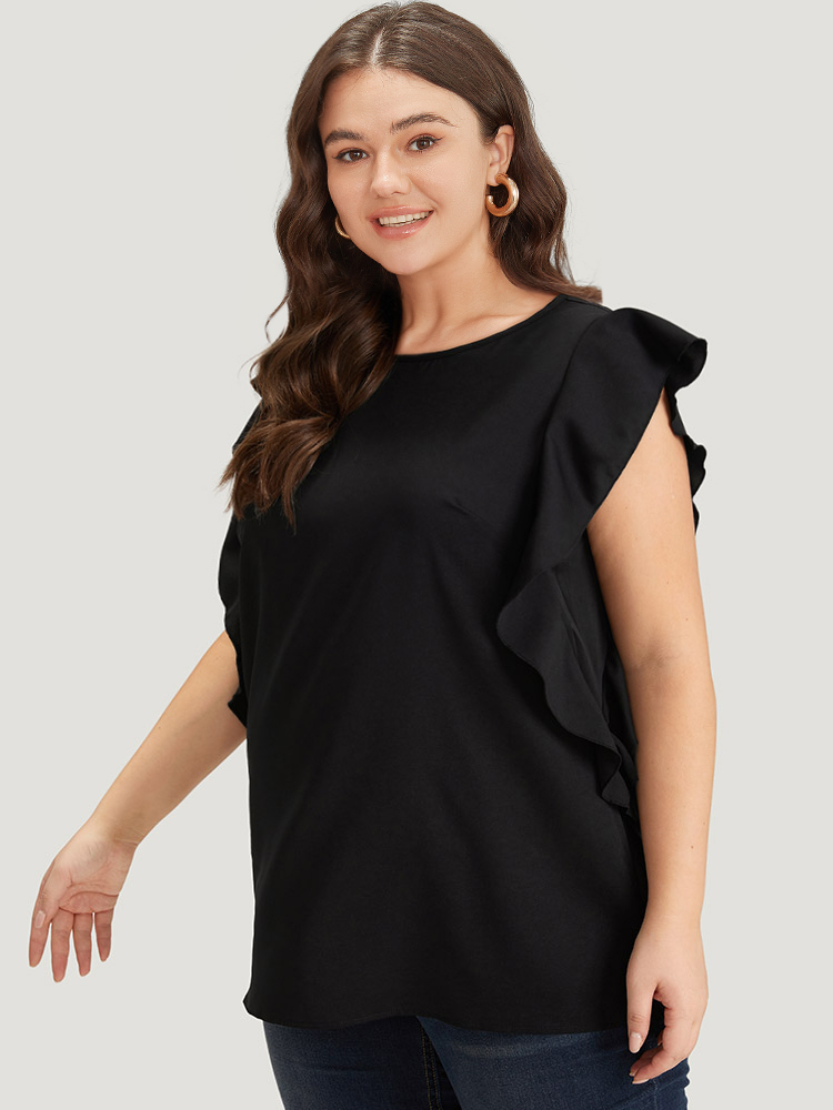 Plus Size Black Solid Crew Neck Ruffle Trim Blouse Women Office Cap Sleeve Round Neck Work Blouses BloomChic 14-16/1X 