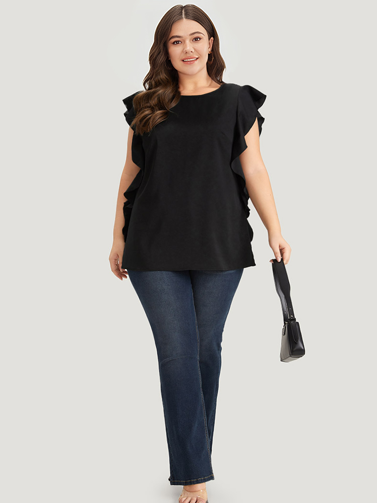 Plus Size Black Solid Crew Neck Ruffle Trim Blouse Women Office Cap Sleeve Round Neck Work Blouses BloomChic 14-16/1X 