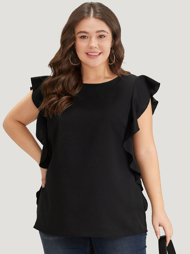 Plus Size Black Solid Crew Neck Ruffle Trim Blouse Women Office Cap Sleeve Round Neck Work Blouses BloomChic 14-16/1X 