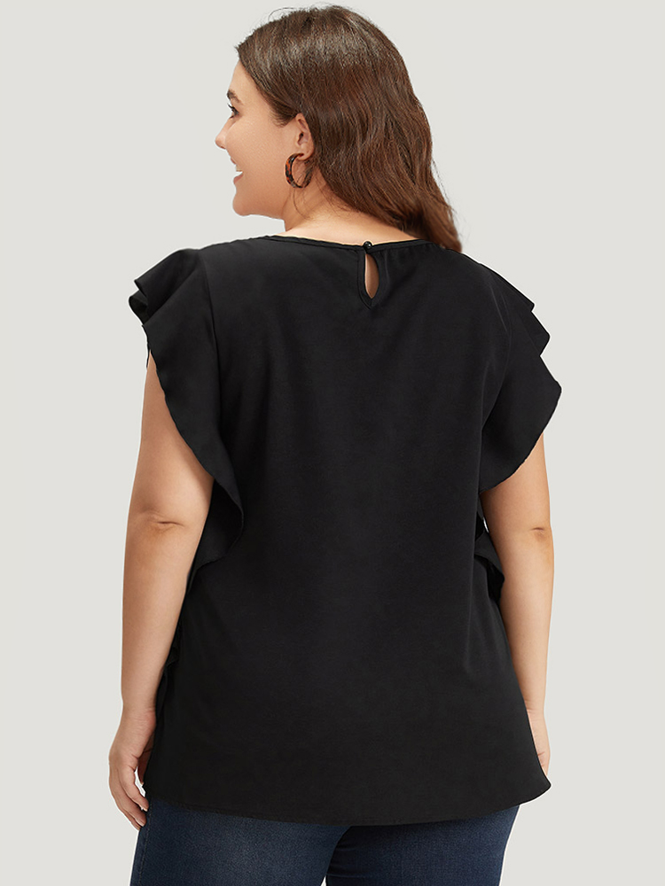 Plus Size Black Solid Crew Neck Ruffle Trim Blouse Women Office Cap Sleeve Round Neck Work Blouses BloomChic 14-16/1X 