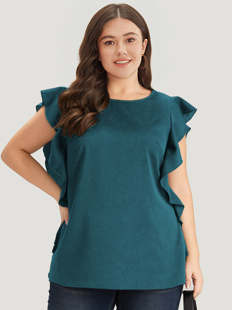 Plus Size Cyan Solid Crew Neck Ruffle Trim Blouse Women Office Cap Sleeve Round Neck Work Blouses BloomChic 10/M 