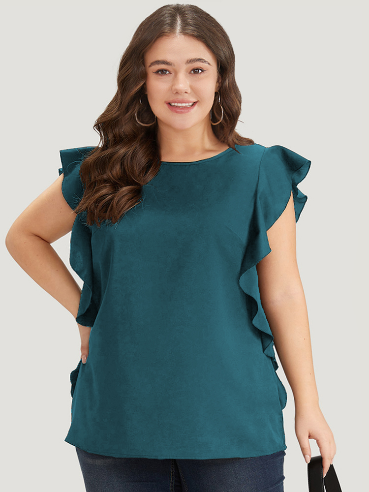 Plus Size Cyan Solid Crew Neck Ruffle Trim Blouse Women Office Cap Sleeve Round Neck Work Blouses BloomChic 10/M 