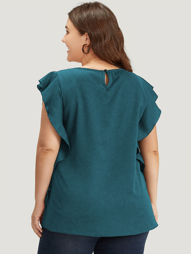 Plus Size Cyan Solid Crew Neck Ruffle Trim Blouse Women Office Cap Sleeve Round Neck Work Blouses BloomChic 10/M 