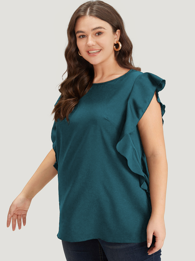 Plus Size Cyan Solid Crew Neck Ruffle Trim Blouse Women Office Cap Sleeve Round Neck Work Blouses BloomChic 10/M 