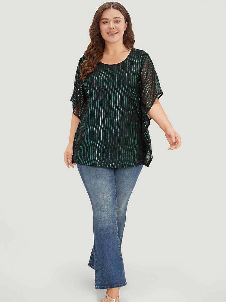 Plus Size Women Going out Striped See through Dolman Sleeve Short sleeve Round Neck Party Blouses BloomChic 