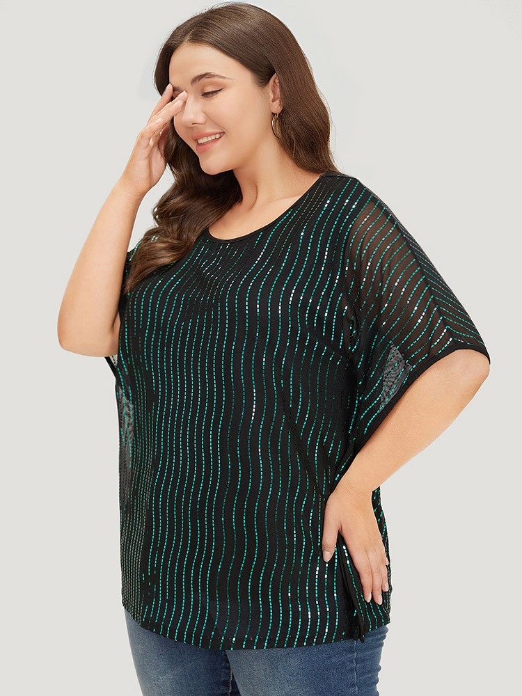 

Plus Size Black Glitter Striped Mesh Batwing Sleeve Blouse Women Party Short sleeve Round Neck Going out Blouses BloomChic