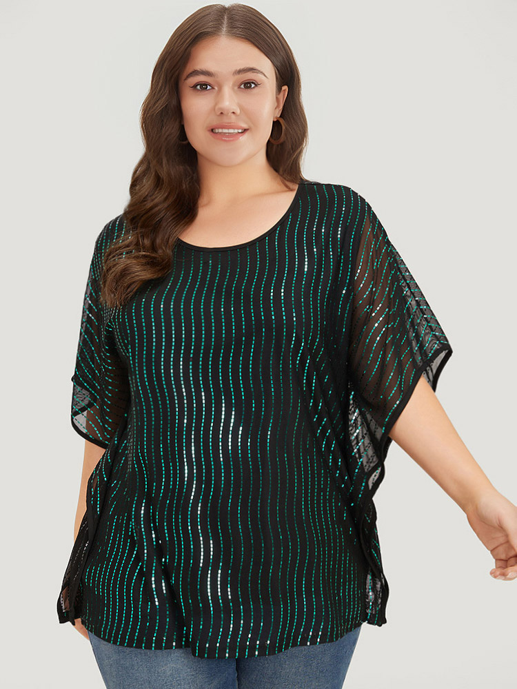 Plus Size Women Going out Striped See through Dolman Sleeve Short sleeve Round Neck Party Blouses BloomChic 
