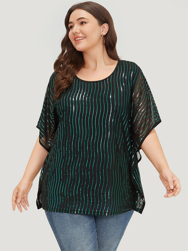 Plus Size Women Going out Striped See through Dolman Sleeve Short sleeve Round Neck Party Blouses BloomChic 