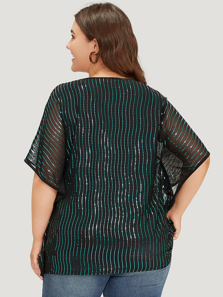 Plus Size Women Going out Striped See through Dolman Sleeve Short sleeve Round Neck Party Blouses BloomChic 