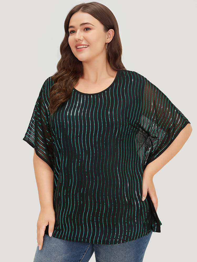 Plus Size Women Going out Striped See through Dolman Sleeve Short sleeve Round Neck Party Blouses BloomChic 